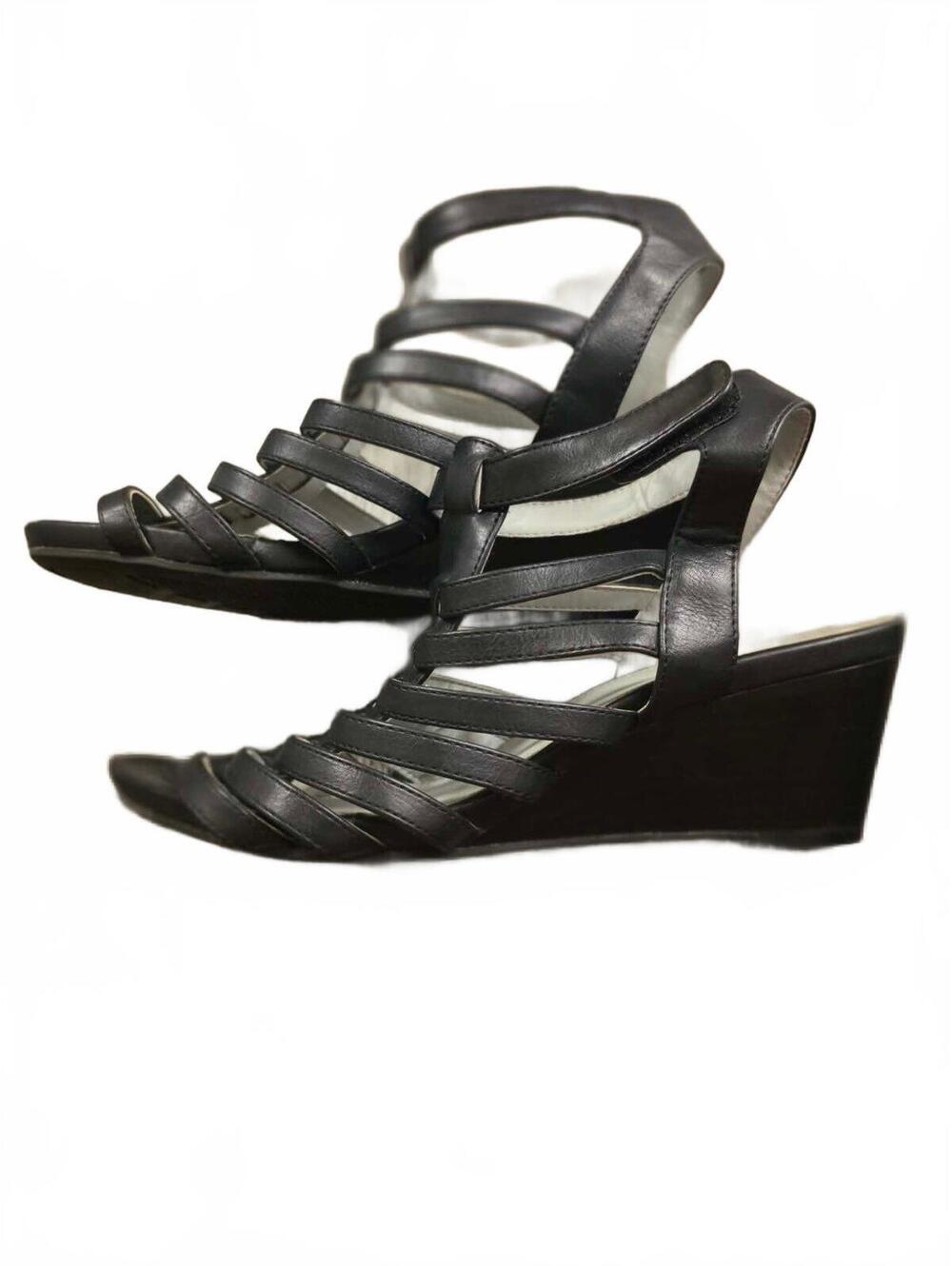 Cliffs Black Leather Strappy Wedge Sandals Size 8.5M